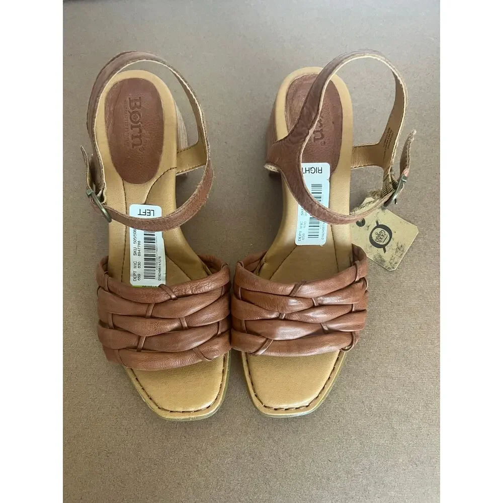 NWT BORN Shonie Brown Soft Leather Block Heel Buckle Ankle Comfort Sandals Sz 10 - Picture 4 of 14